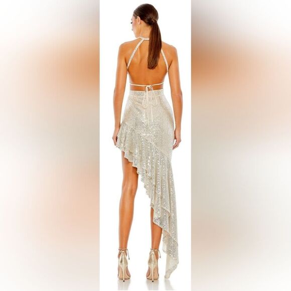 Mac Duggal 11274 Sequined Halter Cut Out Ruffle Asymmetrical Dress NWT sz 6 Nude - Picture 2 of 6